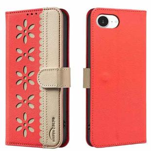 For iPhone 16e Splicing Color Hollow Flower Pattern RFID Leather Phone Case(Red)