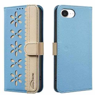 For iPhone 16e Splicing Color Hollow Flower Pattern RFID Leather Phone Case(Baby Blue)