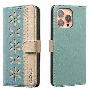 For iPhone 16 Pro Splicing Color Hollow Flower Pattern RFID Leather Phone Case(Green)