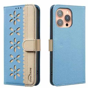For iPhone 16 Pro Splicing Color Hollow Flower Pattern RFID Leather Phone Case(Baby Blue)
