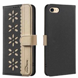 For iPhone 6 / 7 / 8 Splicing Color Hollow Flower Pattern RFID Leather Phone Case(Black)