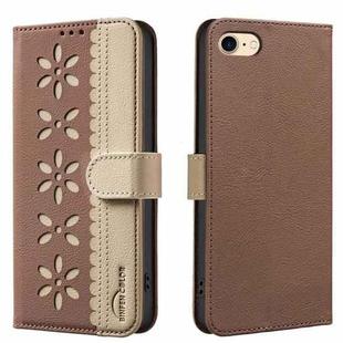 For iPhone 6 / 7 / 8 Splicing Color Hollow Flower Pattern RFID Leather Phone Case(Brown)