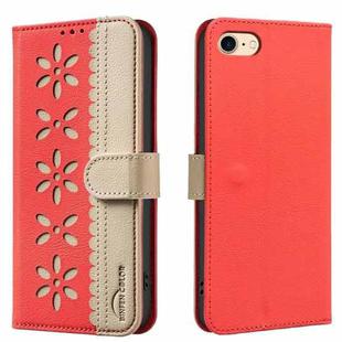 For iPhone 6 / 7 / 8 Splicing Color Hollow Flower Pattern RFID Leather Phone Case(Red)