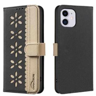 For iPhone 11 Splicing Color Hollow Flower Pattern RFID Leather Phone Case(Black)