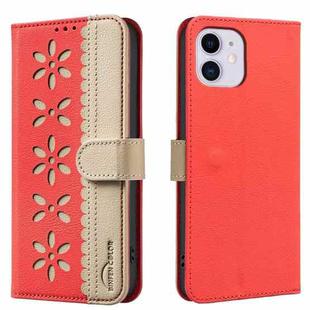 For iPhone 11 Splicing Color Hollow Flower Pattern RFID Leather Phone Case(Red)
