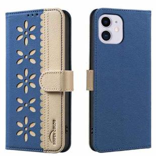 For iPhone 12 / 12 Pro Splicing Color Hollow Flower Pattern RFID Leather Phone Case(Dark Blue)
