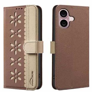 For iPhone 16 Plus Splicing Color Hollow Flower Pattern RFID Leather Phone Case(Brown)