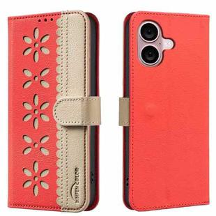 For iPhone 16 Plus Splicing Color Hollow Flower Pattern RFID Leather Phone Case(Red)