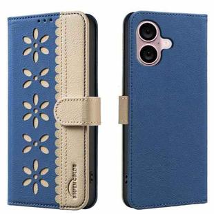 For iPhone 16 Splicing Color Hollow Flower Pattern RFID Leather Phone Case(Dark Blue)