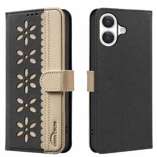 For iPhone 17 Splicing Color Hollow Flower Pattern RFID Leather Phone Case(Black)