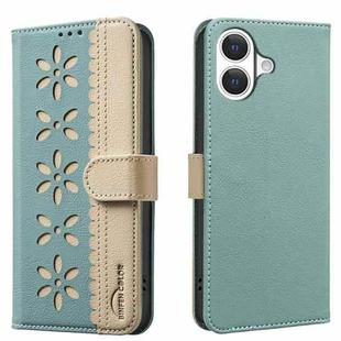 For iPhone 17 Splicing Color Hollow Flower Pattern RFID Leather Phone Case(Green)