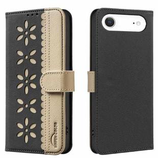 For iPhone 17 Air Splicing Color Hollow Flower Pattern RFID Leather Phone Case(Black)