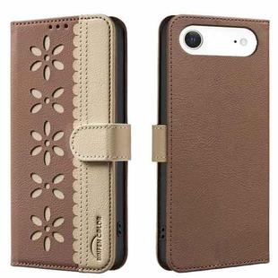 For iPhone 17 Air Splicing Color Hollow Flower Pattern RFID Leather Phone Case(Brown)