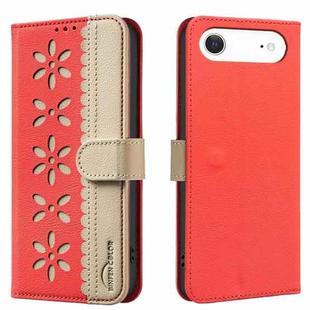 For iPhone 17 Air Splicing Color Hollow Flower Pattern RFID Leather Phone Case(Red)
