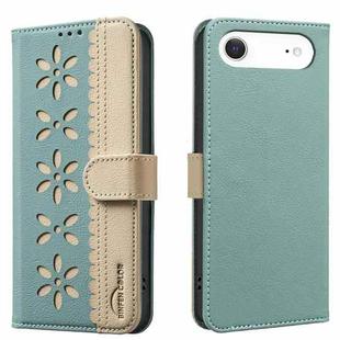 For iPhone 17 Air Splicing Color Hollow Flower Pattern RFID Leather Phone Case(Green)