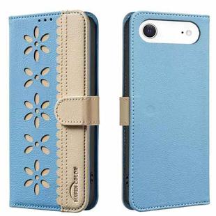 For iPhone 17 Air Splicing Color Hollow Flower Pattern RFID Leather Phone Case(Baby Blue)