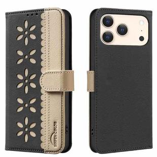 For iPhone 17 Pro Splicing Color Hollow Flower Pattern RFID Leather Phone Case(Black)