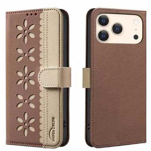 For iPhone 17 Pro Splicing Color Hollow Flower Pattern RFID Leather Phone Case(Brown)