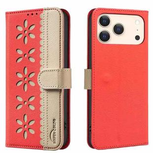 For iPhone 17 Pro Splicing Color Hollow Flower Pattern RFID Leather Phone Case(Red)