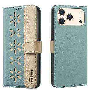 For iPhone 17 Pro Splicing Color Hollow Flower Pattern RFID Leather Phone Case(Green)