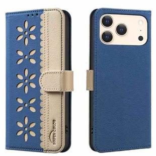 For iPhone 17 Pro Max Splicing Color Hollow Flower Pattern RFID Leather Phone Case(Dark Blue)