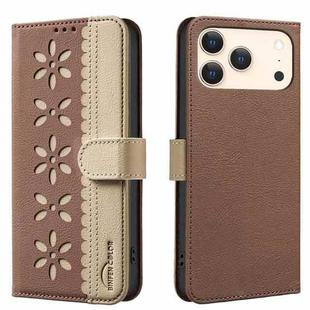 For iPhone 17 Pro Max Splicing Color Hollow Flower Pattern RFID Leather Phone Case(Brown)