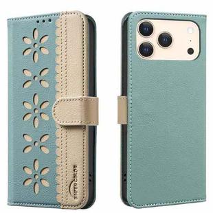 For iPhone 17 Pro Max Splicing Color Hollow Flower Pattern RFID Leather Phone Case(Green)