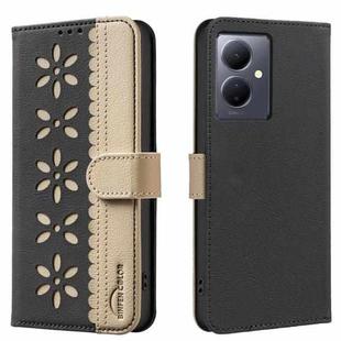 For vivo Y78 5G / Y36 Splicing Color Hollow Flower Pattern RFID Leather Phone Case(Black)