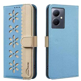 For vivo Y78 5G / Y36 Splicing Color Hollow Flower Pattern RFID Leather Phone Case(Baby Blue)
