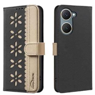For vivo Y03 4G Global Splicing Color Hollow Flower Pattern RFID Leather Phone Case(Black)