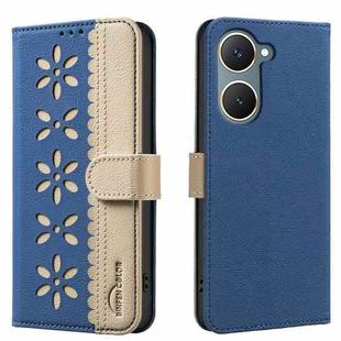 For vivo Y03 4G Global Splicing Color Hollow Flower Pattern RFID Leather Phone Case(Dark Blue)