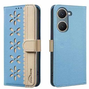 For vivo Y03 4G Global Splicing Color Hollow Flower Pattern RFID Leather Phone Case(Baby Blue)