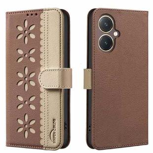 For vivo Y27 4G Splicing Color Hollow Flower Pattern RFID Leather Phone Case(Brown)