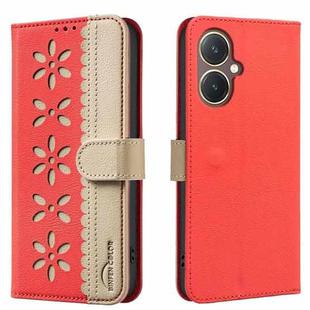 For vivo Y27 4G Splicing Color Hollow Flower Pattern RFID Leather Phone Case(Red)