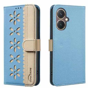 For vivo Y27 4G Splicing Color Hollow Flower Pattern RFID Leather Phone Case(Baby Blue)
