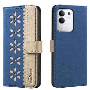 For vivo Y29 4G Splicing Color Hollow Flower Pattern RFID Leather Phone Case(Dark Blue)