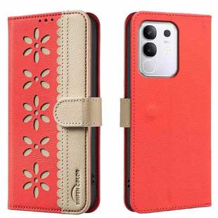 For vivo Y29 4G Splicing Color Hollow Flower Pattern RFID Leather Phone Case(Red)