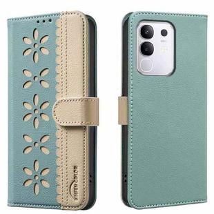 For vivo Y29 4G Splicing Color Hollow Flower Pattern RFID Leather Phone Case(Green)