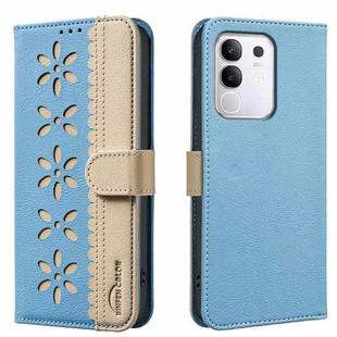 For vivo Y29 4G Splicing Color Hollow Flower Pattern RFID Leather Phone Case(Baby Blue)