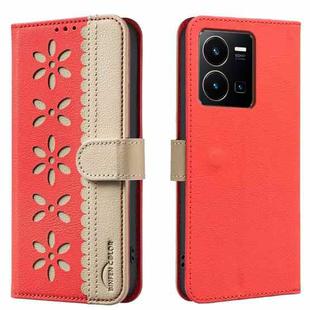 For vivo Y35 4G / Y22S Splicing Color Hollow Flower Pattern RFID Leather Phone Case(Red)
