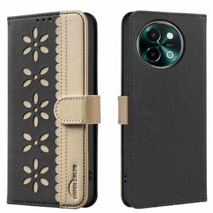 For vivo Y38 5G / Y200i 5G Splicing Color Hollow Flower Pattern RFID Leather Phone Case(Black)