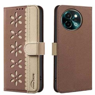 For vivo Y38 5G / Y200i 5G Splicing Color Hollow Flower Pattern RFID Leather Phone Case(Brown)