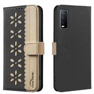 For vivo Y20 Splicing Color Hollow Flower Pattern RFID Leather Phone Case(Black)