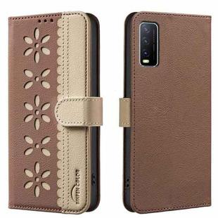 For vivo Y20 Splicing Color Hollow Flower Pattern RFID Leather Phone Case(Brown)