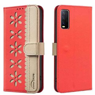 For vivo Y20 Splicing Color Hollow Flower Pattern RFID Leather Phone Case(Red)