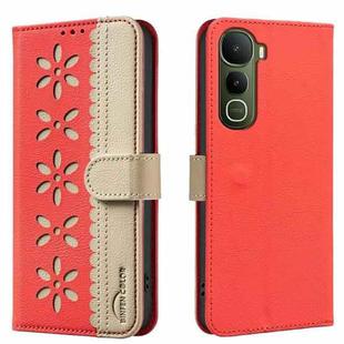 For vivo Y400 5G Global Splicing Color Hollow Flower Pattern RFID Leather Phone Case(Red)