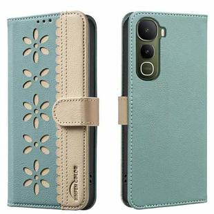 For vivo Y400 5G Global Splicing Color Hollow Flower Pattern RFID Leather Phone Case(Green)