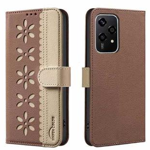 For Honor 200 Lite Splicing Color Hollow Flower Pattern RFID Leather Phone Case(Brown)