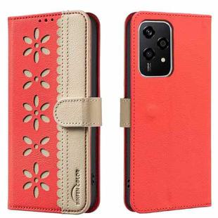 For Honor 200 Lite Splicing Color Hollow Flower Pattern RFID Leather Phone Case(Red)
