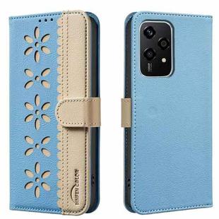 For Honor 200 Lite Splicing Color Hollow Flower Pattern RFID Leather Phone Case(Baby Blue)